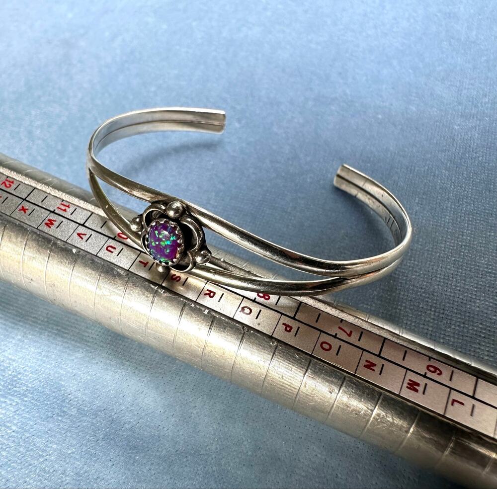 Vintage JL Sterling Silver Cuff Bracelet Purple Fire Opal Floral Bezel Open Cuff